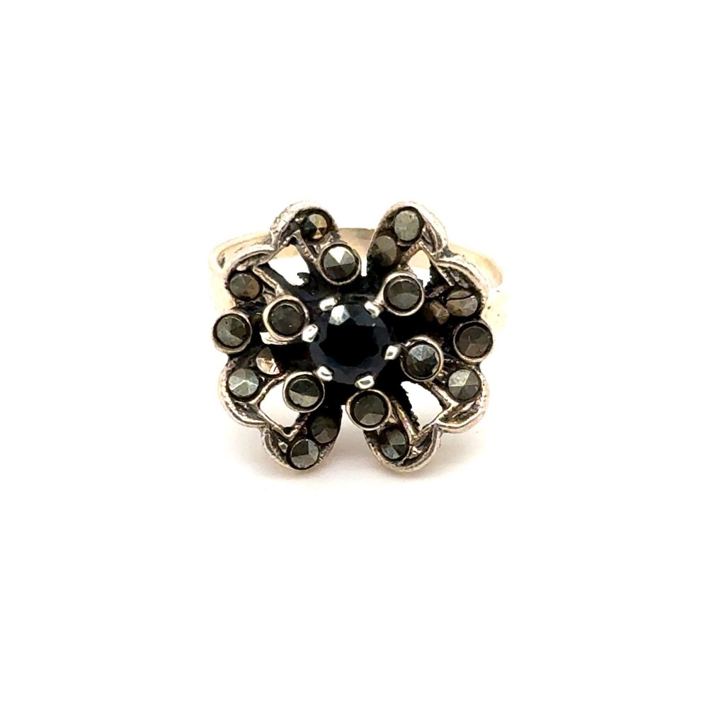 Vintage Sterling Silver Black Onyx Marcasite Flower Ring Size 7 5.2g Antique